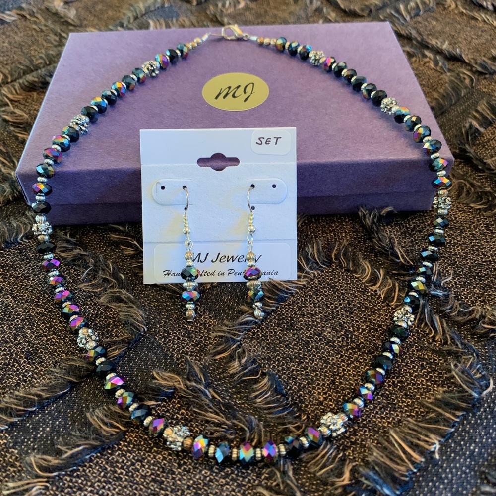 Handcrafted Crystal & Silvertone Necklace and Pierced Earring Set